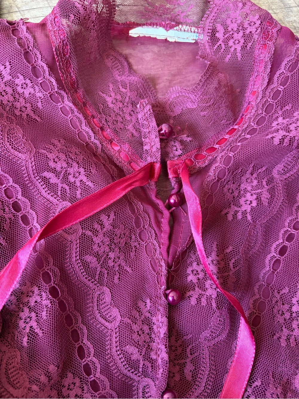Vintage Maroon Sheer Victorian Ornamental Lace Ruffle Blouse *See Measurements* - Picture 6 of 10